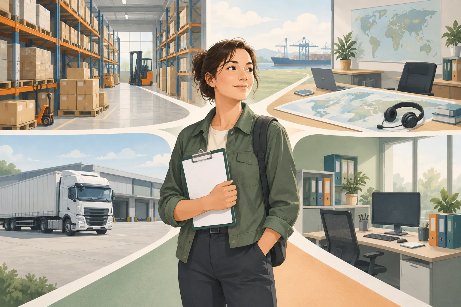 Nowa osoba poznaje cztery ścieżki pracy w logistyce: magazyn, spedycję, transport i administrację.