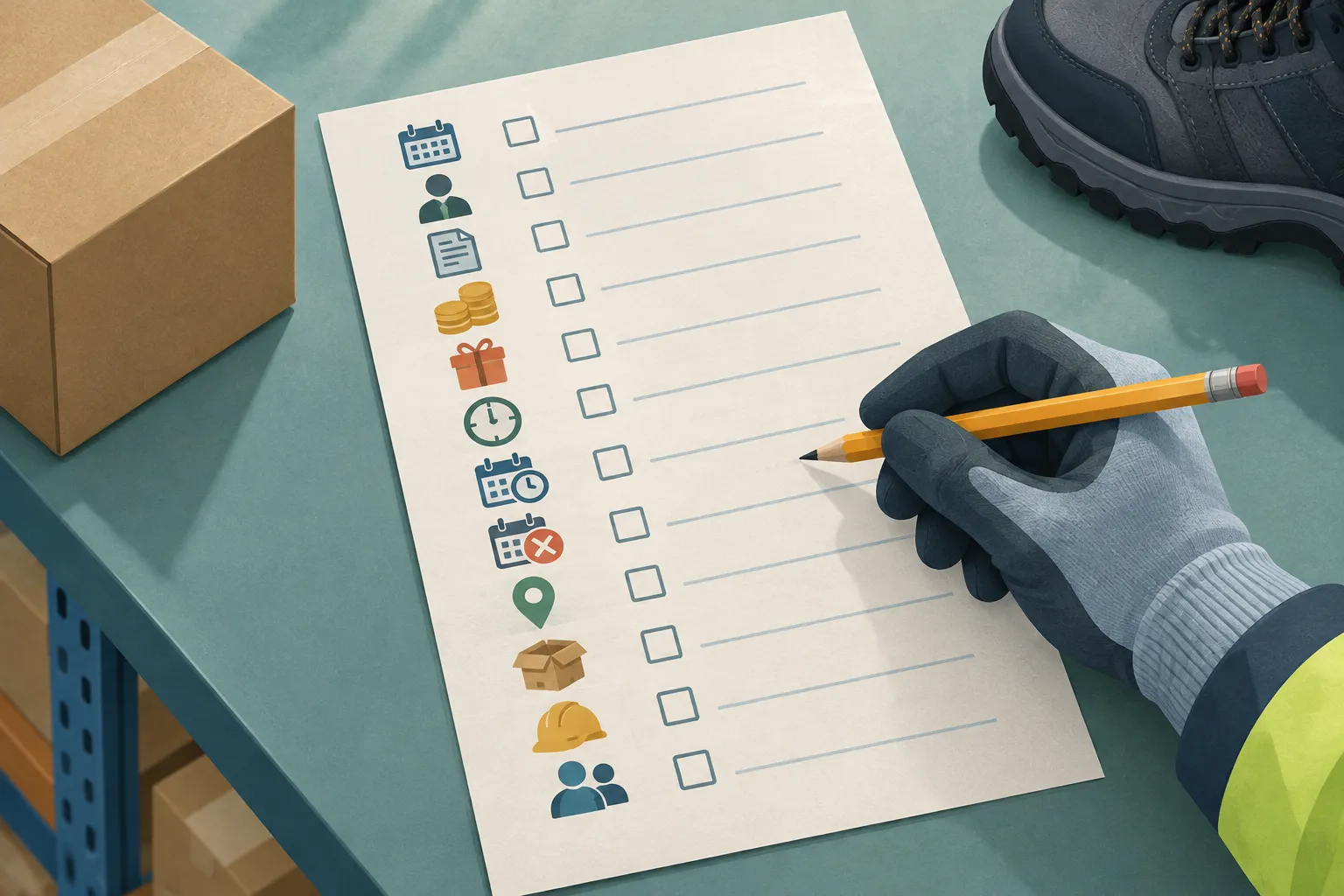 Pusta karta checklisty z dwunastoma ikonami dotyczącymi sezonowej pracy w magazynie